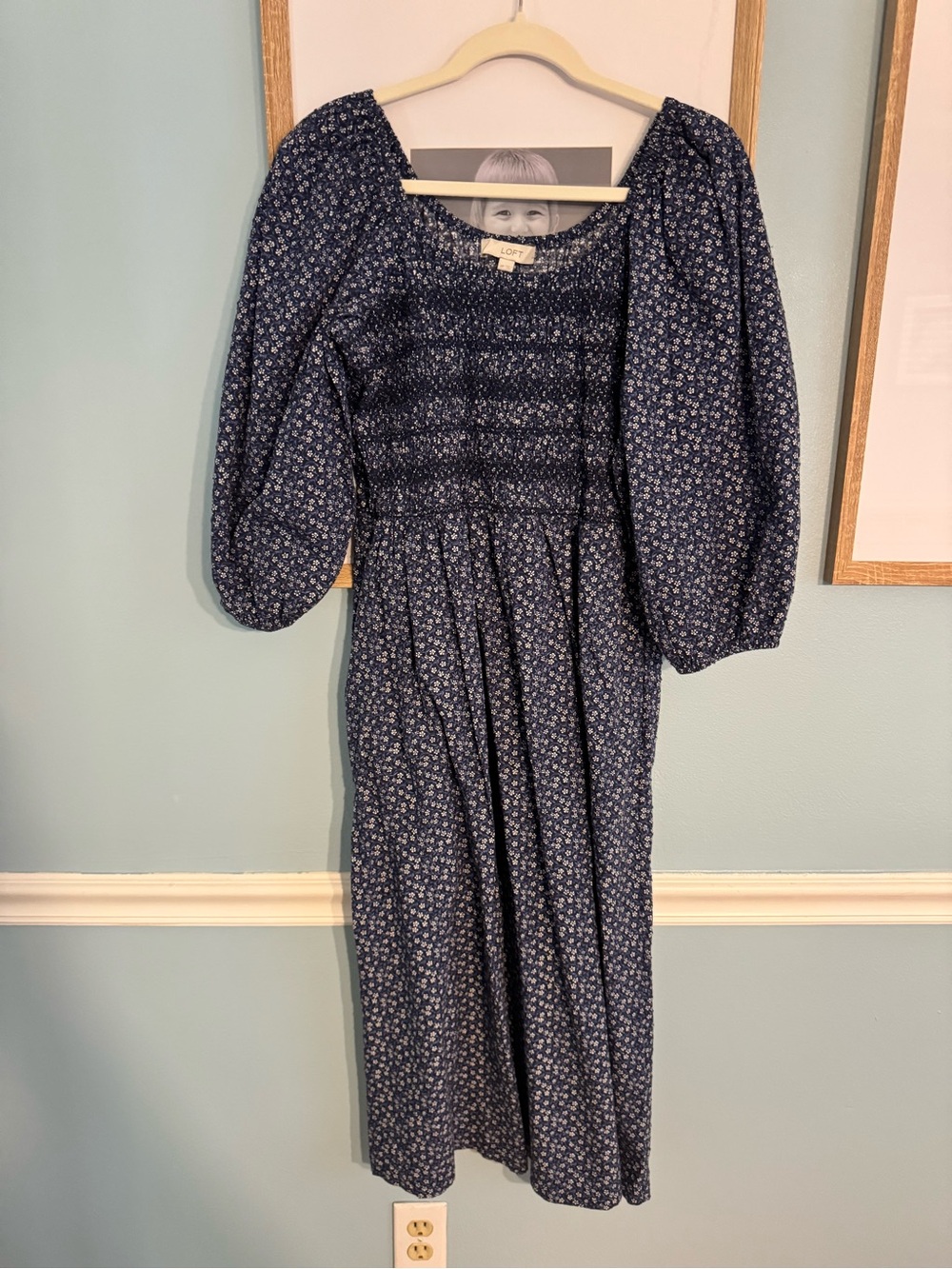 LOFT Navy Blue Floral Smocked Midi Dress with Puff Sleeves